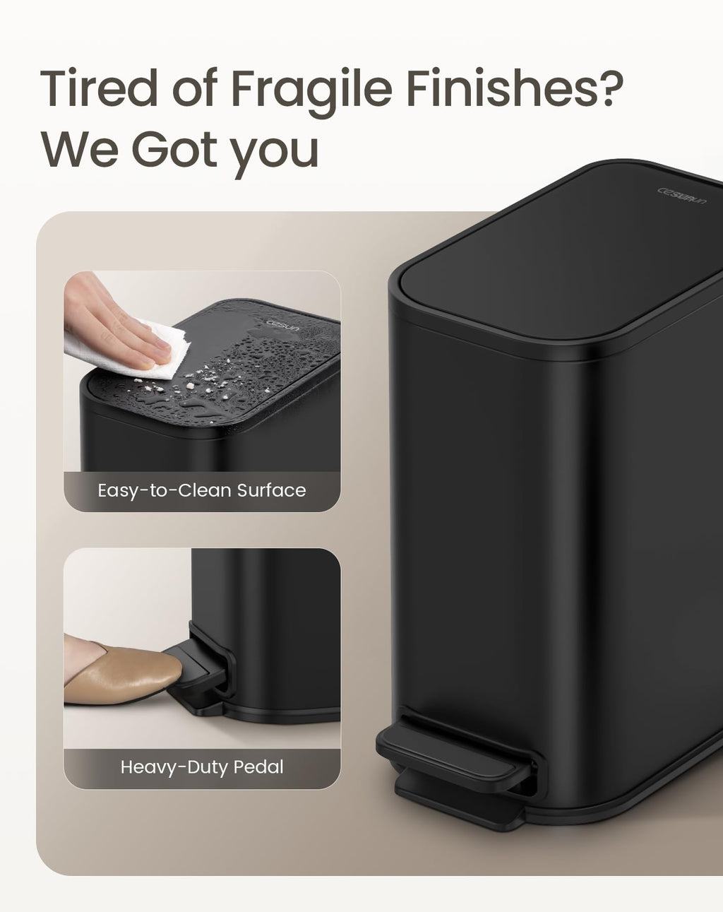 Cesun Black Bathroom Trash Can, 1.3 Gallon Small Garbage Can with Lid, Metal Slim Trash Bin with Foot Pedal, Waste Basket for Bathroom, Bedroom, Office, Matte Black, 5 Liters