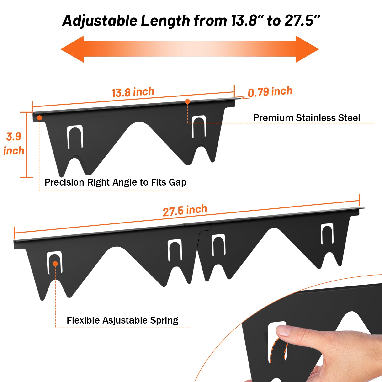 Stainless Steel Stove Gap Covers (2PCS),Stove Gap Filler,Range Trim Kit,Stove Gap Guard for Kitchen Oven Between Stovetop and Counter,Easy Clean Heat Resistant,Adjustable Length 13.8'' to 27.5'',Black