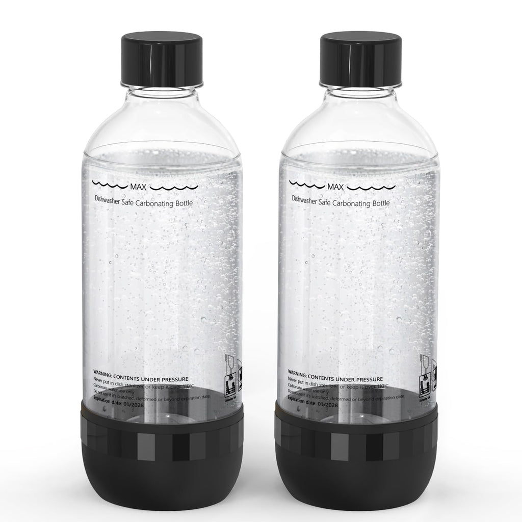 Mycket Soda Maker Bottles, 2 Pack Dishwasher-Safe Bottles for Water Carbonation Bottles, 1 Litre BPA Free Reusable PET Sparkling Water Bottles for Soda Machine, Black