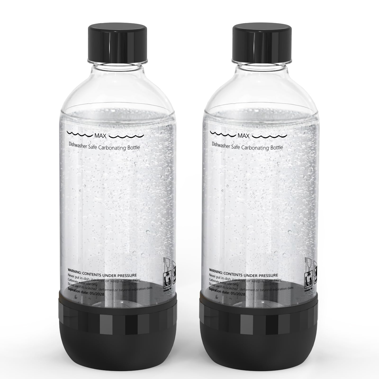 Mycket Soda Maker Bottles, 2 Pack Dishwasher-Safe Bottles for Water Carbonation Bottles, 1 Litre BPA Free Reusable PET Sparkling Water Bottles for Soda Machine, Black