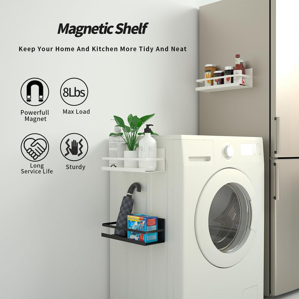 Magnetic Shelf,Magnetic Spice Rack for Refrigerator,Magnetic Stove Shelf Fridge Storage Organizer For Kitchen,Spice Rack for Cabinet,Space Container,Drill free (Black, 2 Pack)