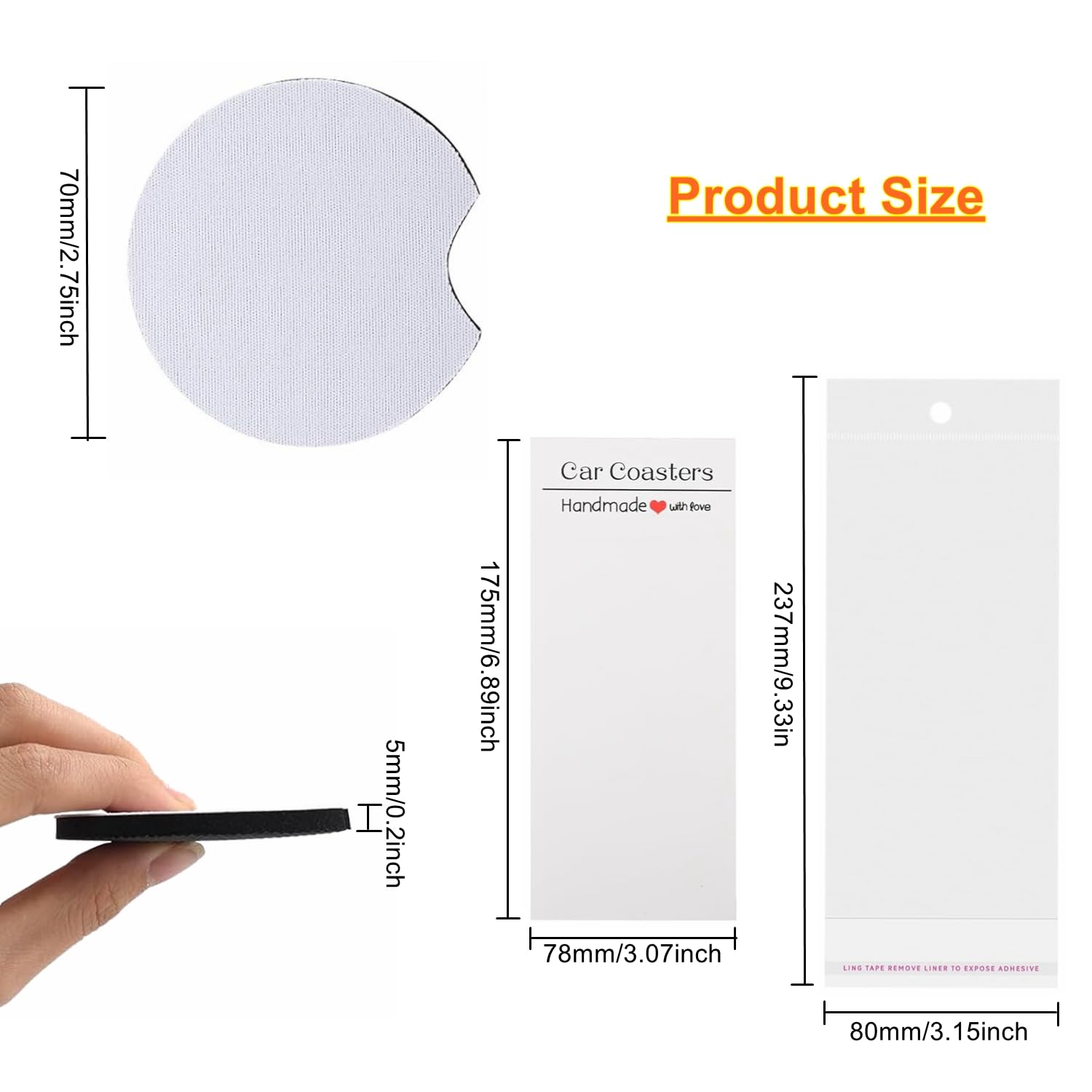 160PCS Sublimation Coasters Blanks, Round Car Coasters Sublimation Blanks Set, Car Coaster Packaging with Display Cards Bags, 4 Inch Blank Cup Mat for Sublimation Transfer Heat Press DIY Crafts