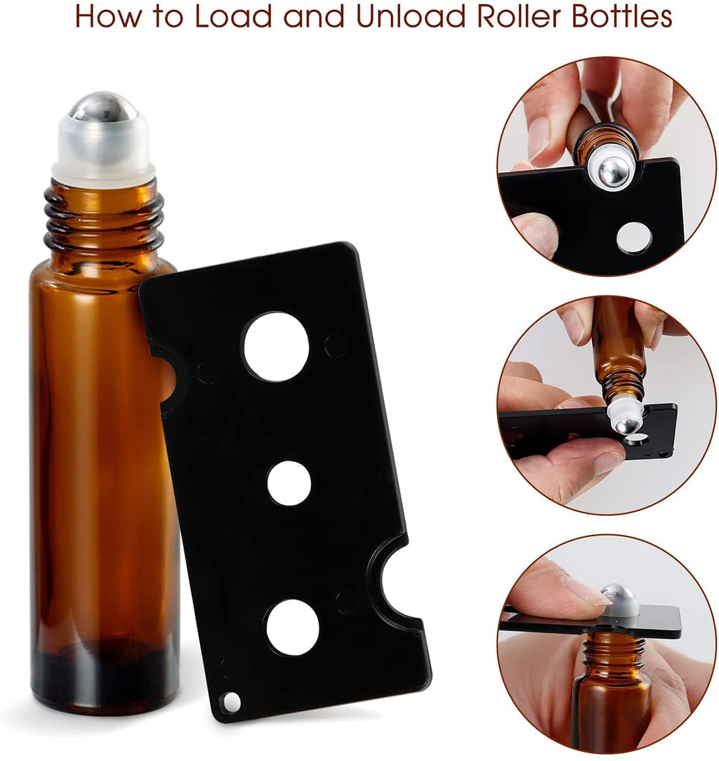 25 Pack Roller Bottles, 10ML Essential Oil Glass Roller Bottles with Stainless Steel Roller Balls (1 Openers,2 Funnels,3 Droppers) (25PCS 10ml Amber)