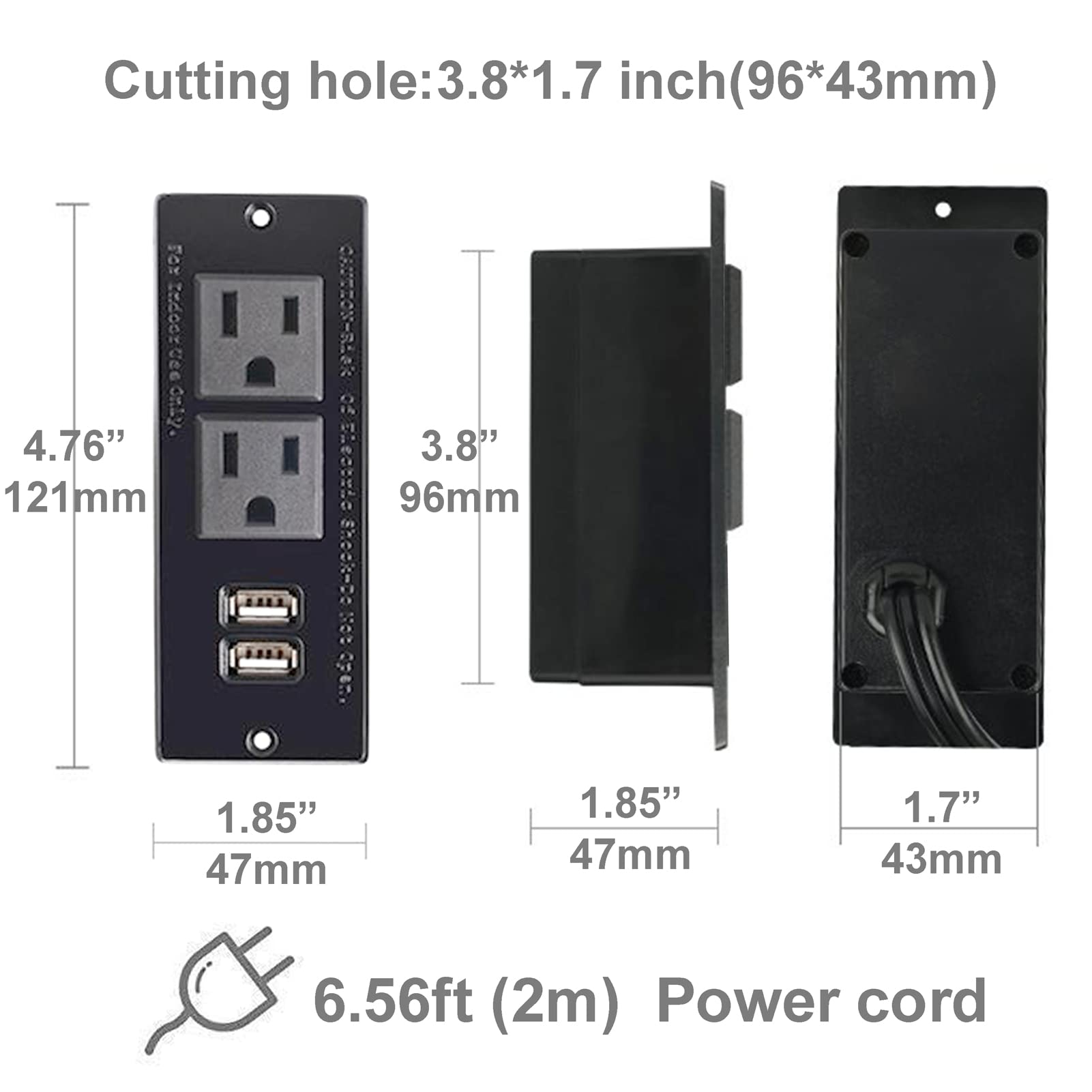 Desktop Power bar with 2 Outlets 2 USB 2.1A Insert Mounting Good for Tabletop Sofa Cabinet Nightstand