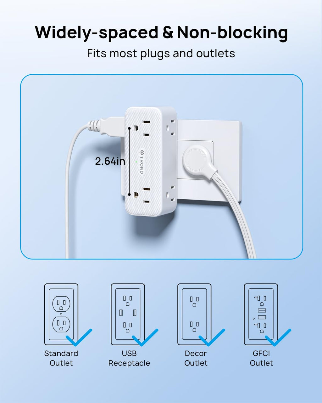 TROND Surge Protector Outlet Extender with 360° Rotating Plug, 2 Pack Flat Power Adapter Indoor, 6 Charging Station Ports, 3 Way Wall Splitters Expander for Home Office Dorm Bathroom Kitchen Travel