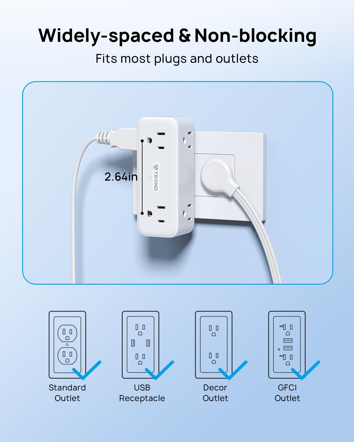 TROND Surge Protector Outlet Extender with 360° Rotating Plug, 2 Pack Flat Power Adapter Indoor, 6 Charging Station Ports, 3 Way Wall Splitters Expander for Home Office Dorm Bathroom Kitchen Travel