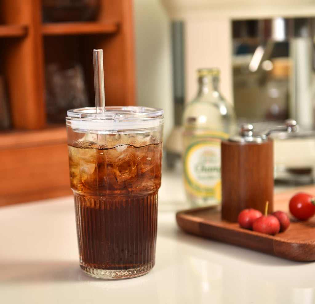 ALINK 4 Pack 16 oz Ribbed Glass Tumblers with Lids and Straws Glassware Cups Set, Thickened Glass, Ideal for Iced Coffee, Smoothies, Cocktails,Juices