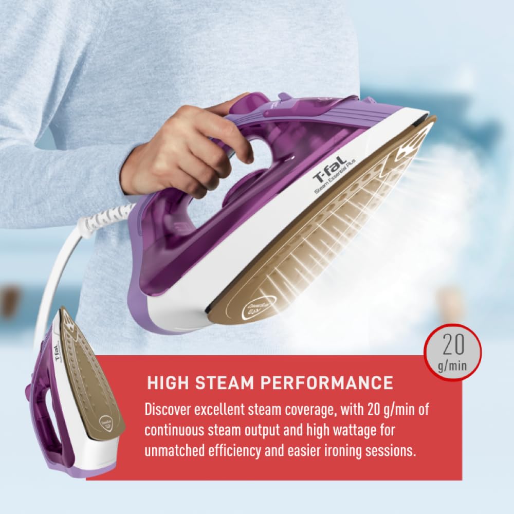 T-fal Steam Essential Plus Ceramic Soleplate Steam Iron for Clothes Eco-Friendly with Steam Trigger 1200 Watts Ironing, Programmable Steaming, Purple