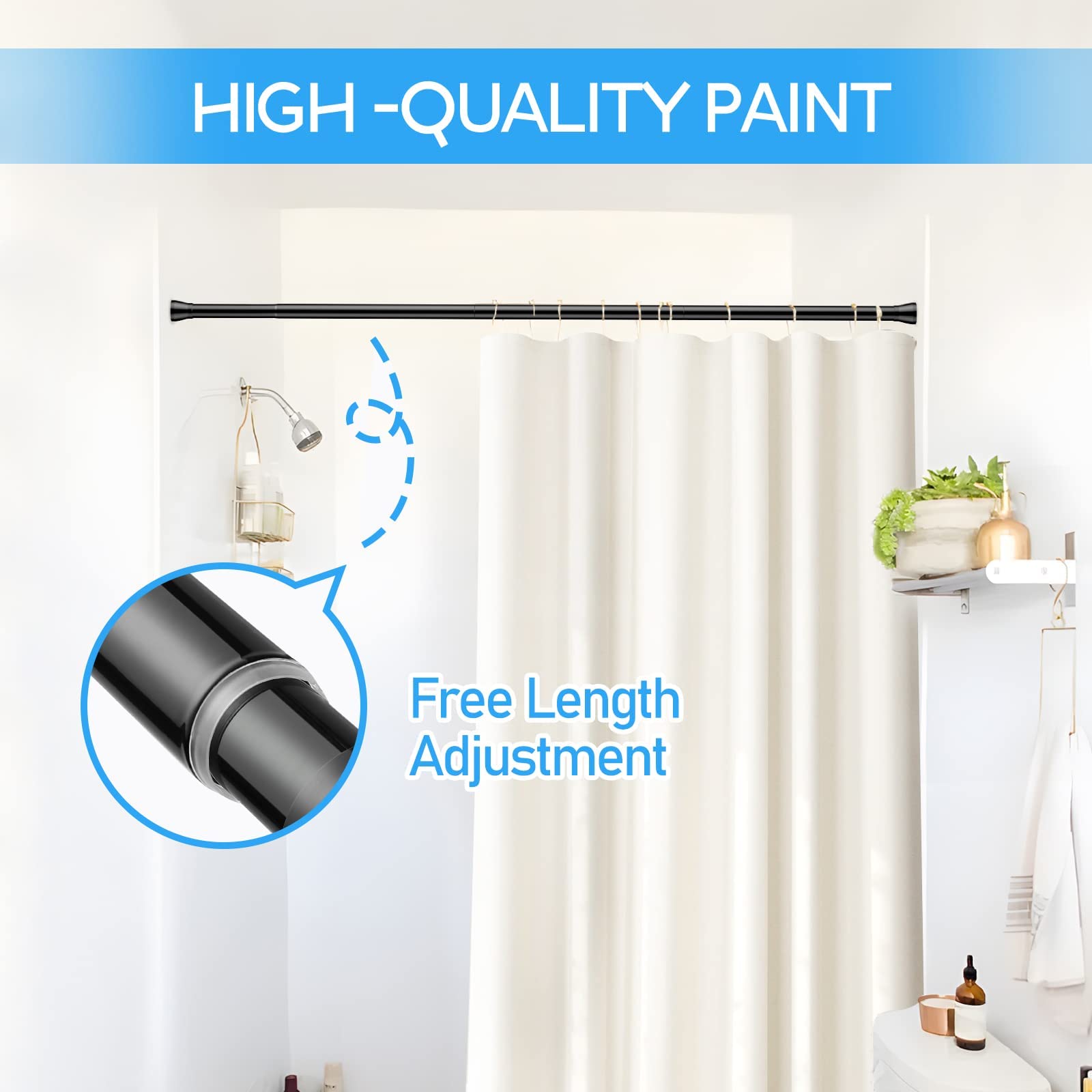 ZipGlo Tension Curtain Rod Adjustable Curtain Rod 28 to 48 Inch, Black Tension Rod Spring Curtain Tension Rod, Curtain Rod No Drill for Bathroom, Windows
