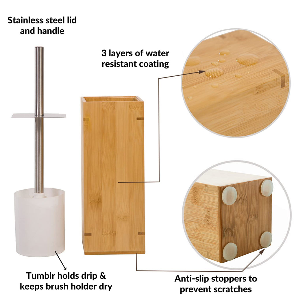 GOBAM Bamboo Toilet Brush and Holder for All Toilet Types - Stainless Steel Handle and Lid - Water Resistant - Toilet Brush Set - Bathroom Cleaning Supplies - Natural