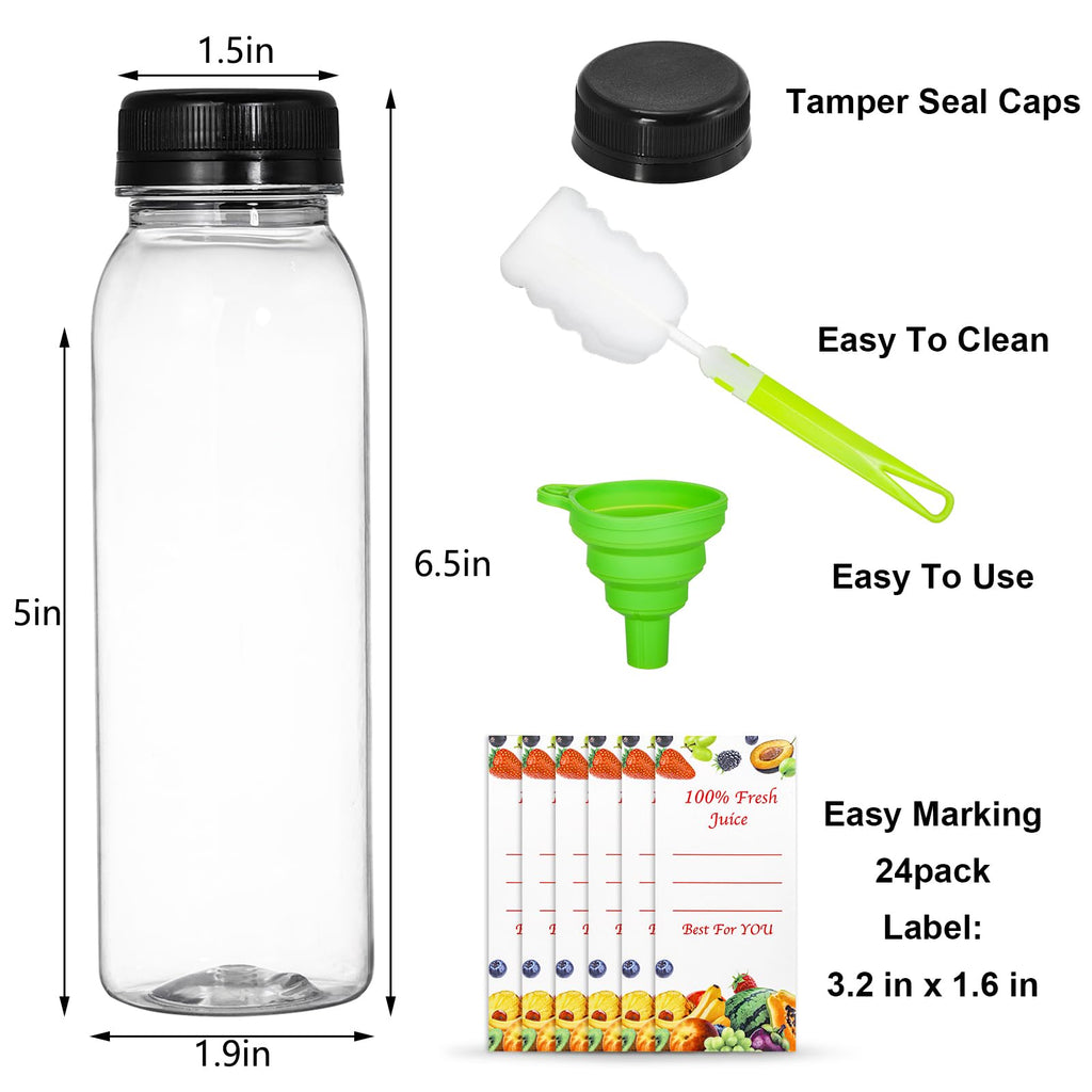 YOUEON 24 Pcs 8 Oz Empty Plastic Juice Bottles with Tamper Evident Caps, Reusable Water Bottles, Juice Containers with Labels, Funnel and Brush for Drinks, Juices, Smoothies and Other Beverages