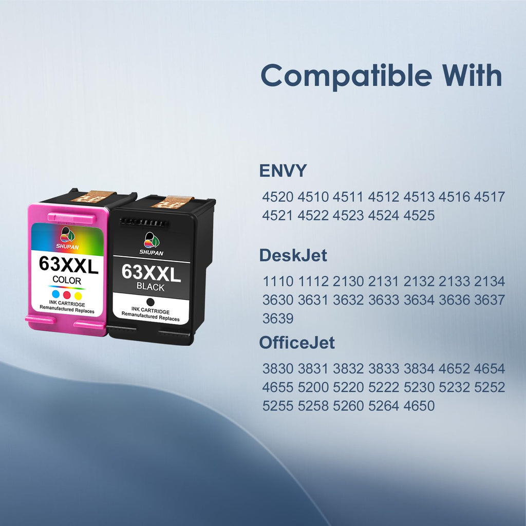 XXL 63 Ink Cartridge Combo Pack Remanufactured for HP 63XXL 63XL Ink Work for Officejet 3830 4650 5255 5258 5200 4652 4655 Envy 4520 4512 DeskJet 2130 2132 Printer (1 Black，1 Tri-Color)
