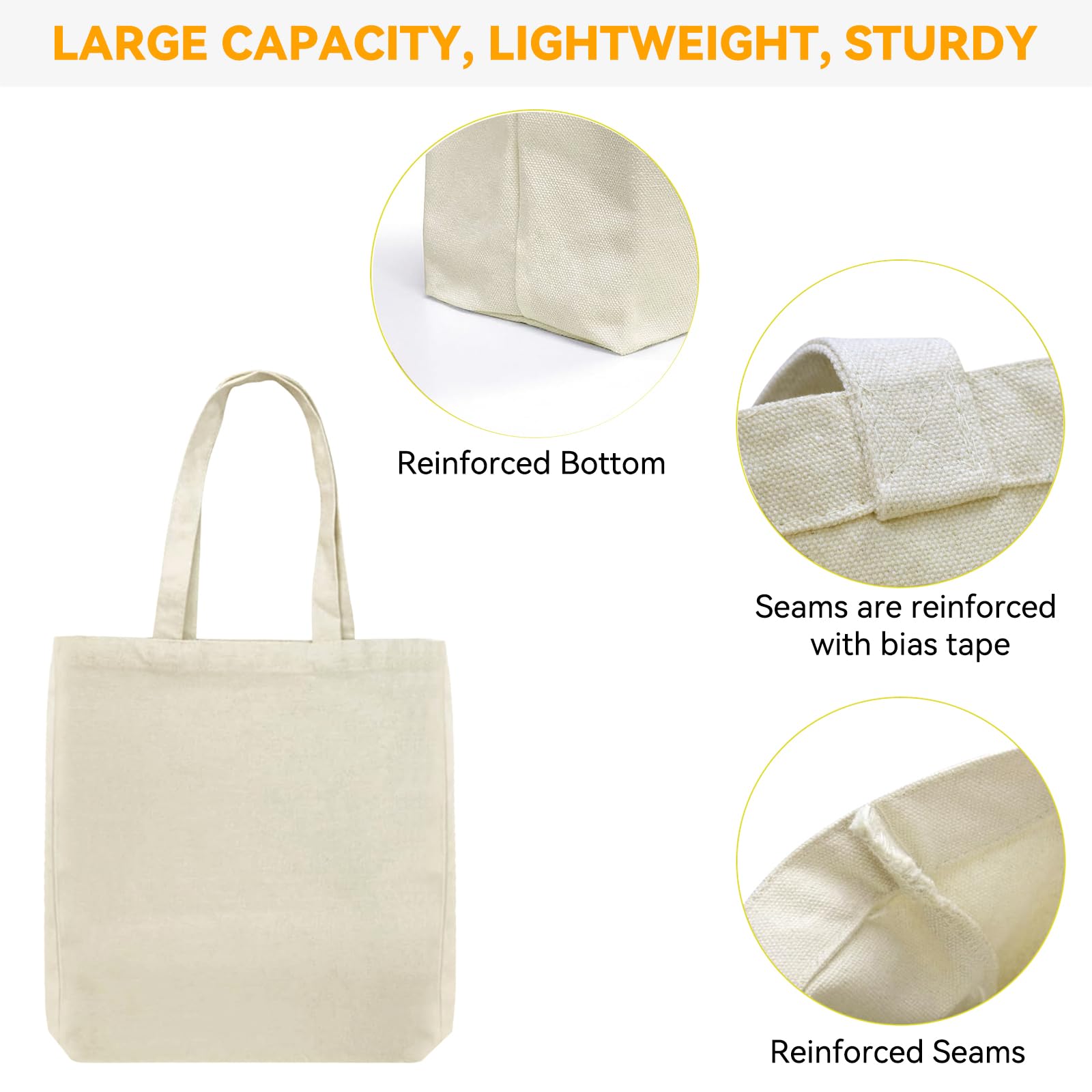 Faylapa 6 Pack Canvas Tote Bags,Heavy Duty Reusable Grocery Shopping Bag 12.2"x14.2" Blank Cotton Bags for Decorating Christmas Crafts DIY Painting (Beige)