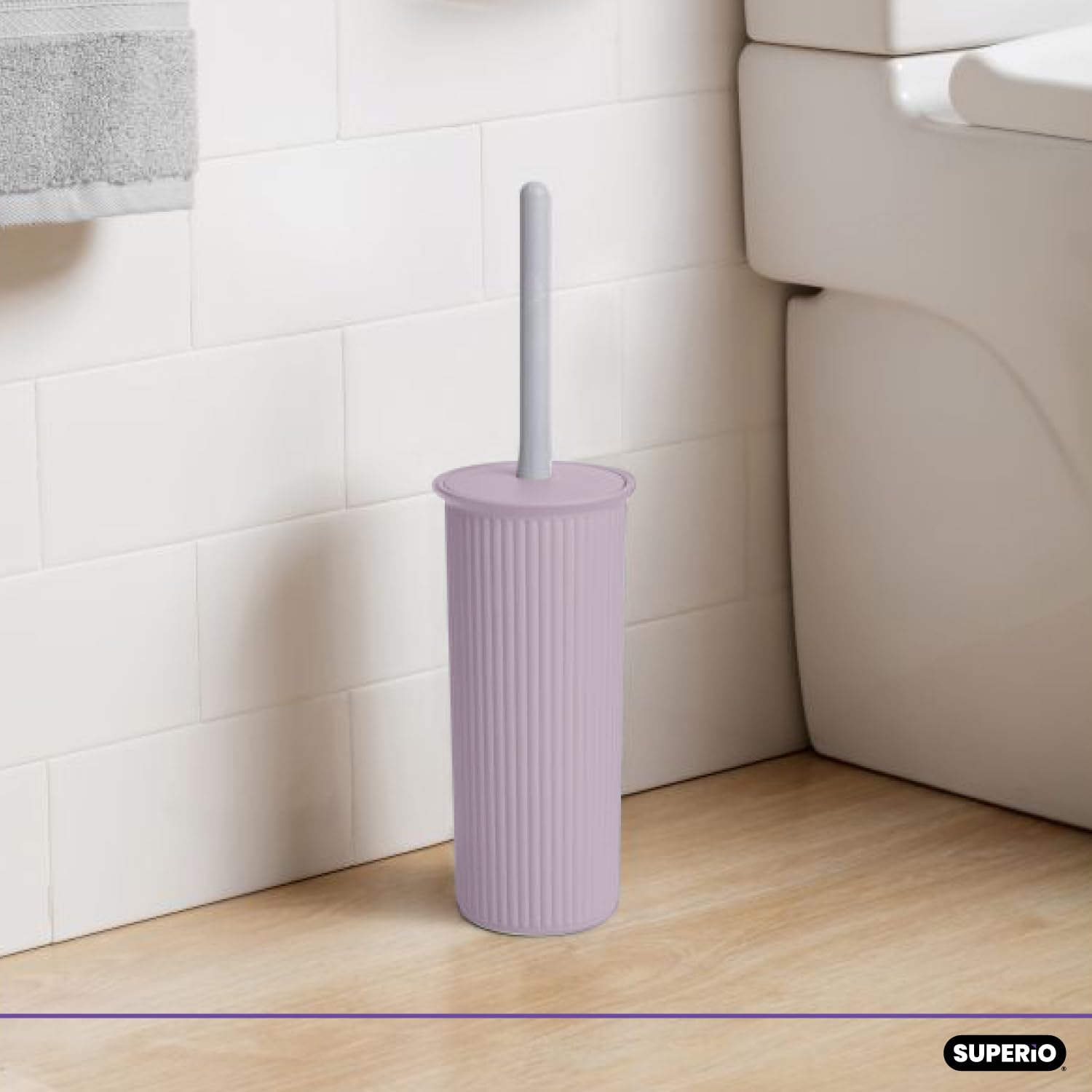 Superio Ribbed Collection - Decorative Plastic Toilet Bowl Brush and Holder Set, Lilac Purple (1 Pack) Cleaner Scrubber for Bathroom