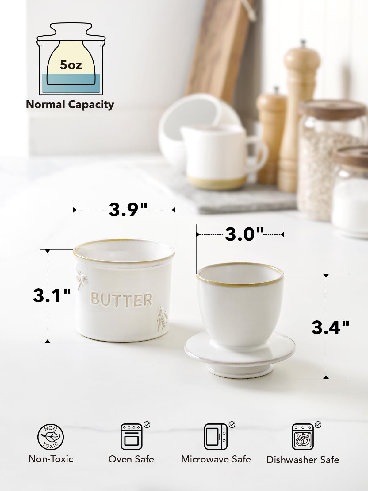 LE TAUCI Butter Crock, Butter Dish with Lid, Butter Container for Counter with Water Line, Embossed French Butter Keeper for Spreadable Butter, Suit for Housewarming - Set of 1, Arctic White, Bee