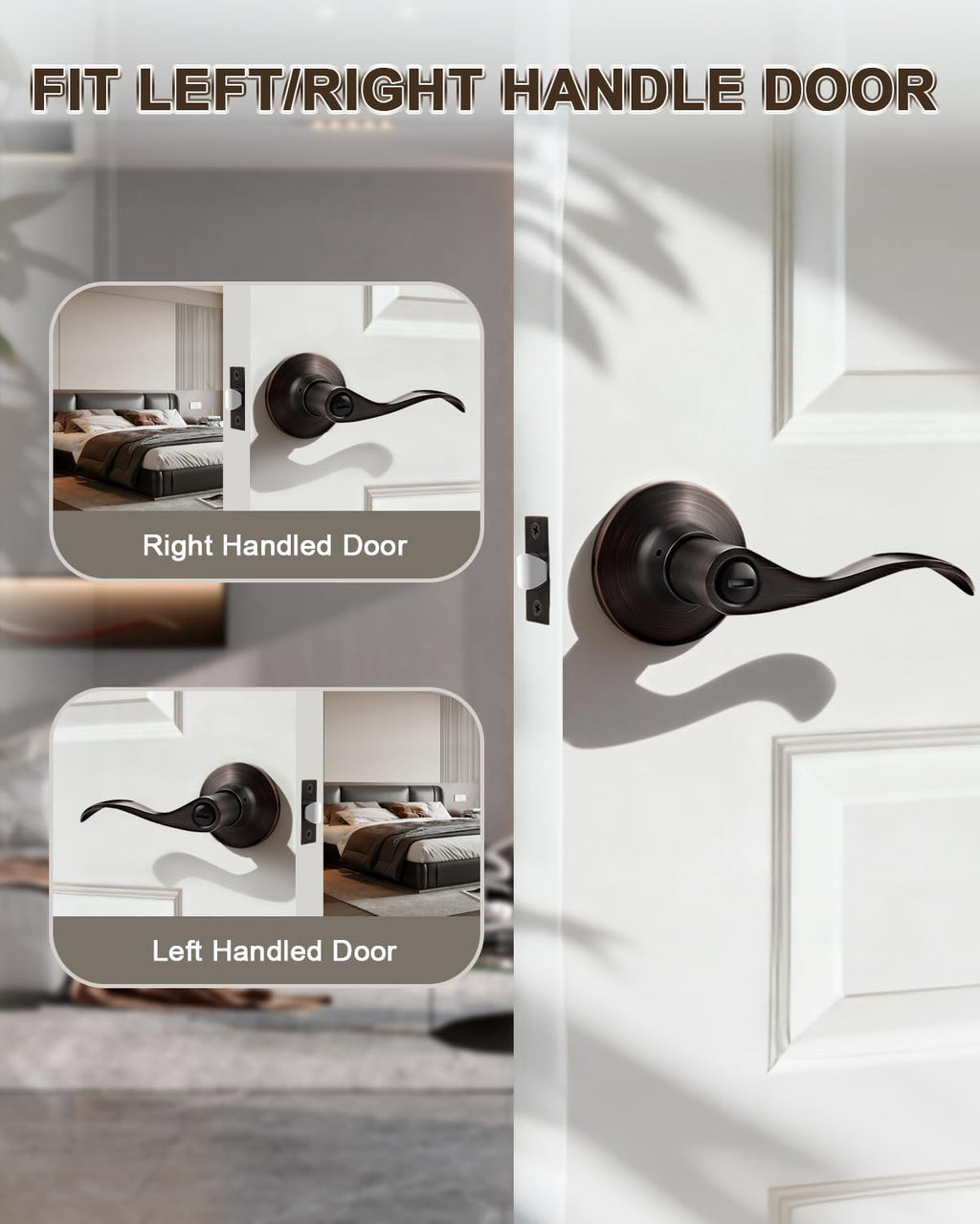 GOBEKOR 1 Pack Oil Rubbed Bronze Privacy Door Lever Wave Style, Keyless Stainless Steel Door Handle Interior Use, Bath/Bed Door Lock (Thumb Turn, No Key),Reversible for Right or Left Side