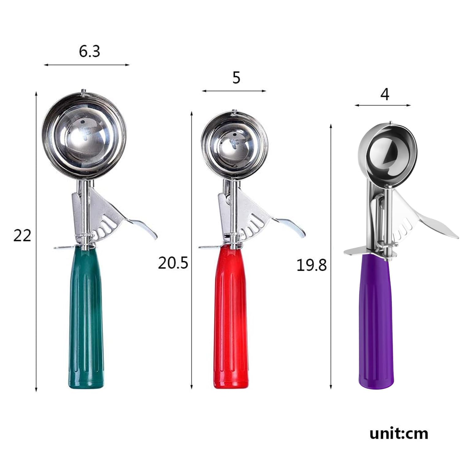 Cookie Scoops, Ice Cream Scoop Set, with Trigger, Kitchen Utensils, 3 Different Sizes, Small-Medium-Large, Baking Supplies, Meatball Maker Tool, Stainless Steel with Plastic Handles