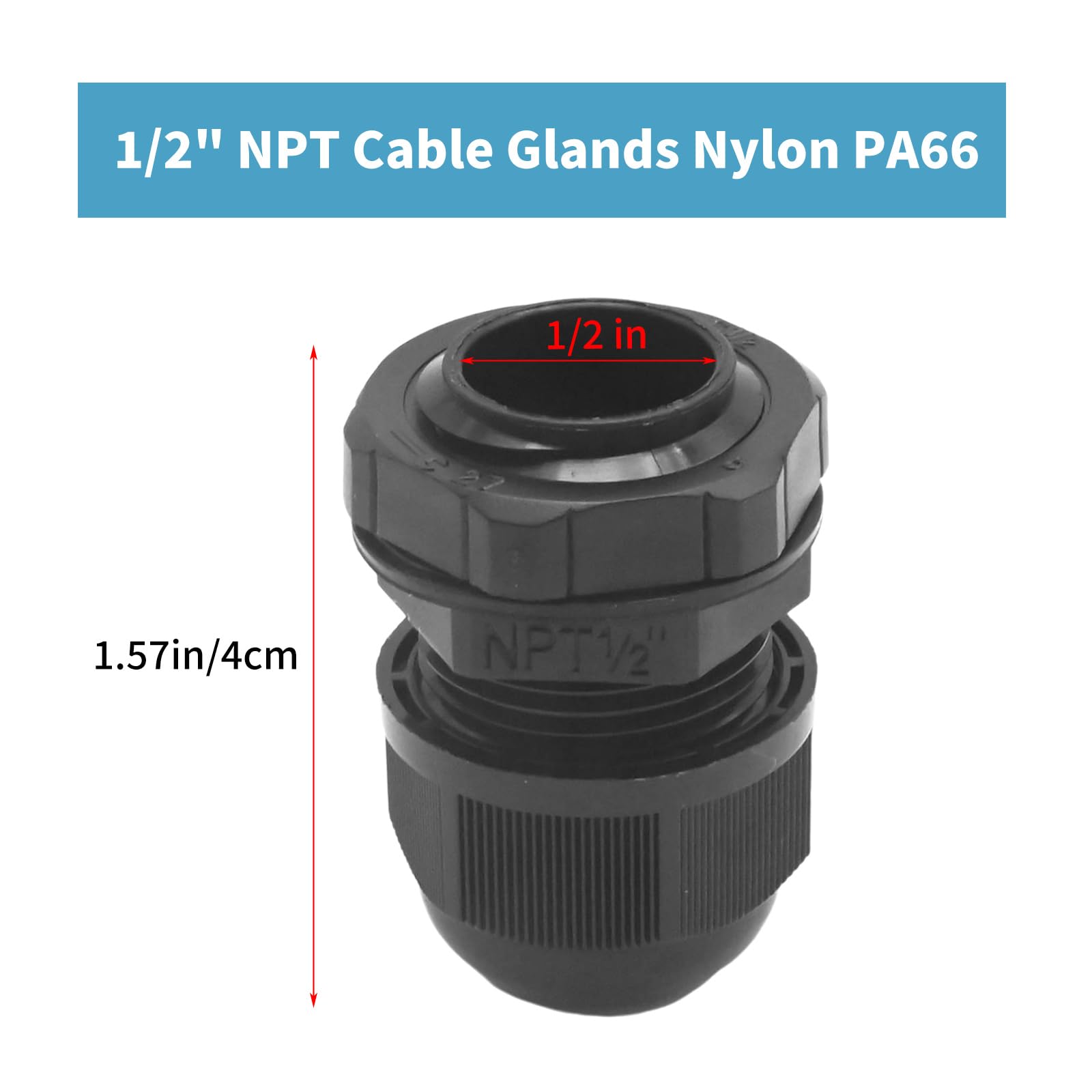 20Pcs 1/2" NPT Cable Glands, Waterproof Strain Relief Cord Connector, Adjustable Strain Relief Cord Connector Grip with Gaskets and Lock Nut for Junction Box Solar Energy