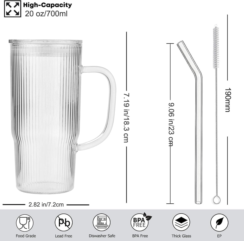 ALINK 2 Pack 24 oz Ribbed Glass Tumbler with Handle Lid and Straw,Glassware Set Ripple Large Iced Coffee Cups, Aesthetic Glass Travel Tumbler for Hot & Cold Beverages, Smoothies, Tea and Juice
