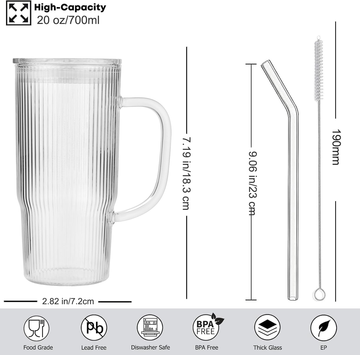 ALINK 2 Pack 24 oz Ribbed Glass Tumbler with Handle Lid and Straw,Glassware Set Ripple Large Iced Coffee Cups, Aesthetic Glass Travel Tumbler for Hot & Cold Beverages, Smoothies, Tea and Juice