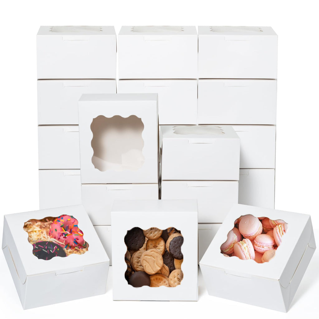 50 Pcs White Bakery Boxes with Window, 6x6x3 inches Cookie Boxes Macaroon Boxes Small Treat Boxes Mini Cake Boxes for Dessert, Pastry, Sturdy Take Out Container for Party Wedding Favor