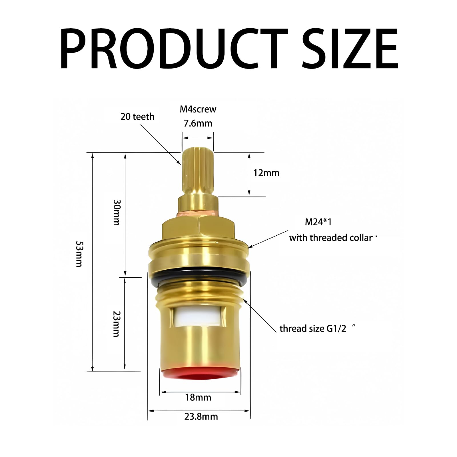 ECOMAID 2Pcs Hot and Cold Ceramic Disc Stem Quarter Turn 1/2, 53mm x 12mm Spline Length 20 Teeth Kitchen Ceramic Tap Cartridge for Bathroom Kitchen Tap
