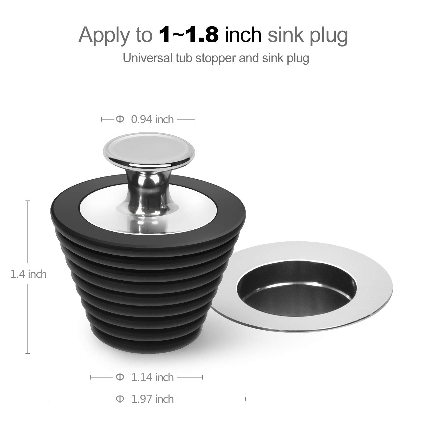 LEKEYE Universal Bathtub Stopper for Bathtub and Bathroom Sink Drains, Black and Gray-2 Pack