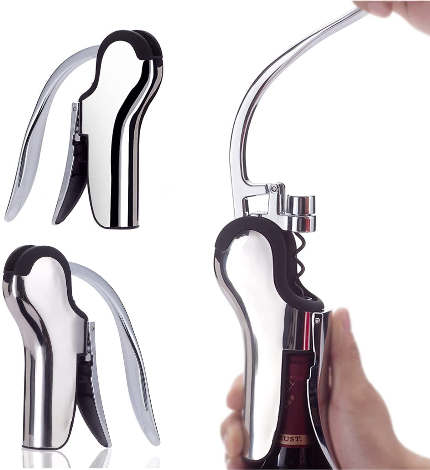 KAYCROWN Stainless Steel Wine Bottle Opener, Vertical Lever Corkscrew with Built in Foil Cutter, Manual Handheld Corkscrew with Ergonomic Lever Pump