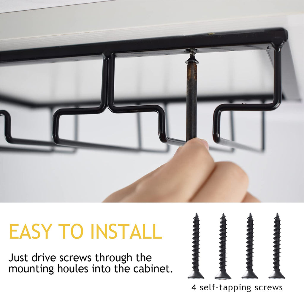 Wine Glass Rack - 4 Row Under Cabinet Stemware Wine Glass Holder - Glasses Storage Hanger for Bar Kitchen, Metal Organizer for Brandy, Margarita, Martini Glasses & More - 2 Pack, Black