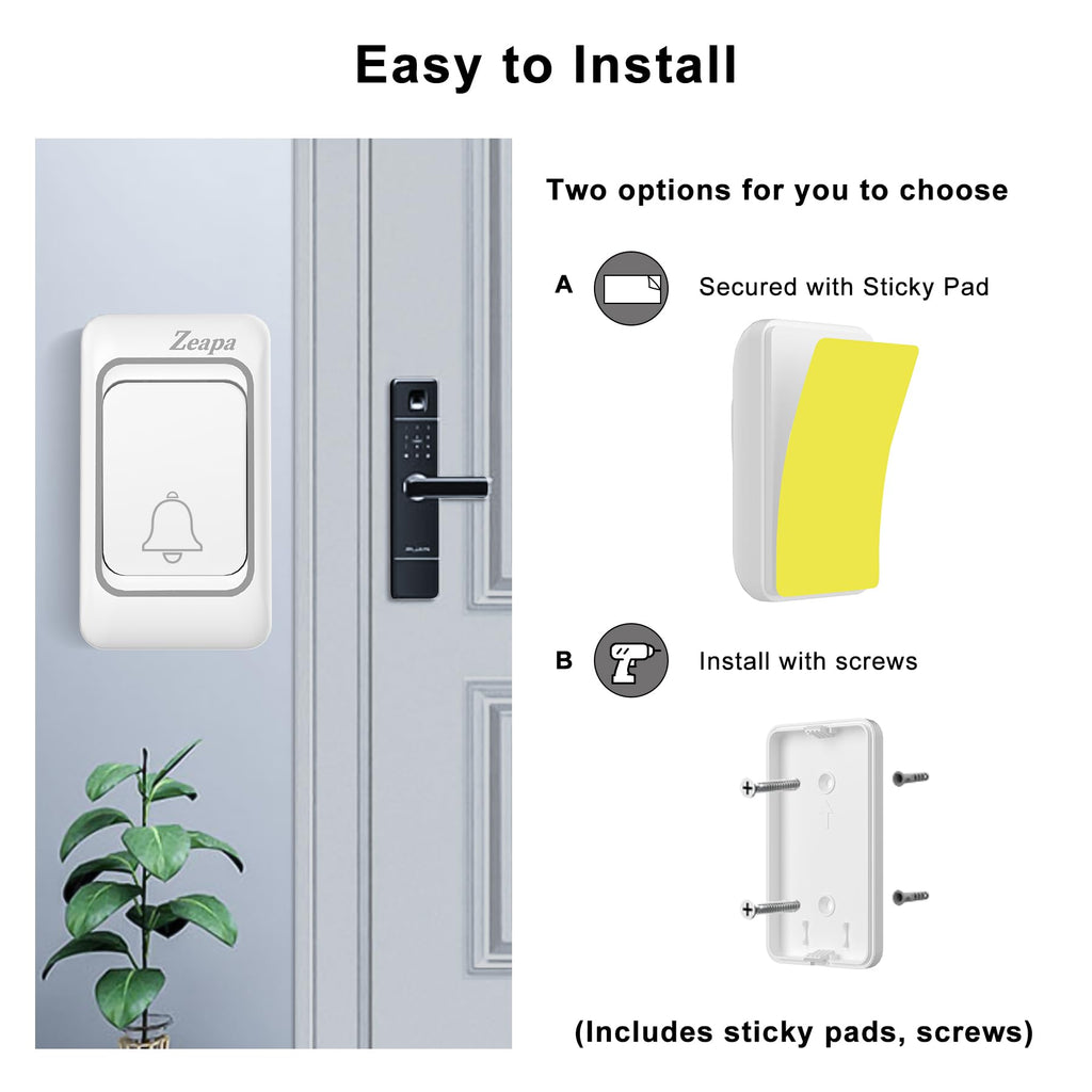 Wireless Doorbells, Plug-in, Battery Powered, Easy to Install, 1300 Ft Range, 60 Chime, LED Flash, Waterproof, Differentiate Various Doors, Silver, 2 Transmitter & 2 Receiver for Home, Office