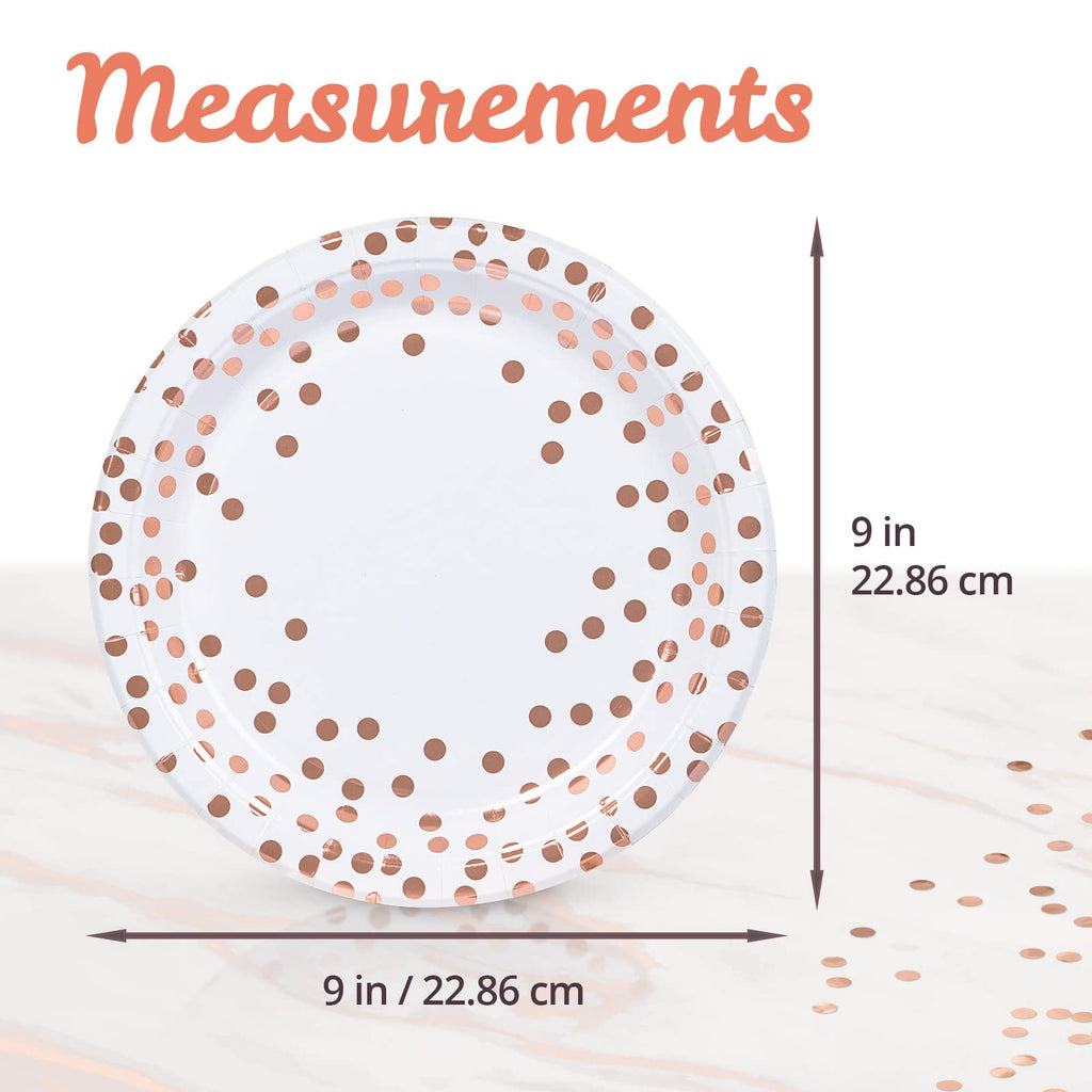 MATICAN 100-Pack Disposable Paper Plates, 9-Inch White & Rose Gold with Foil Polka Dots