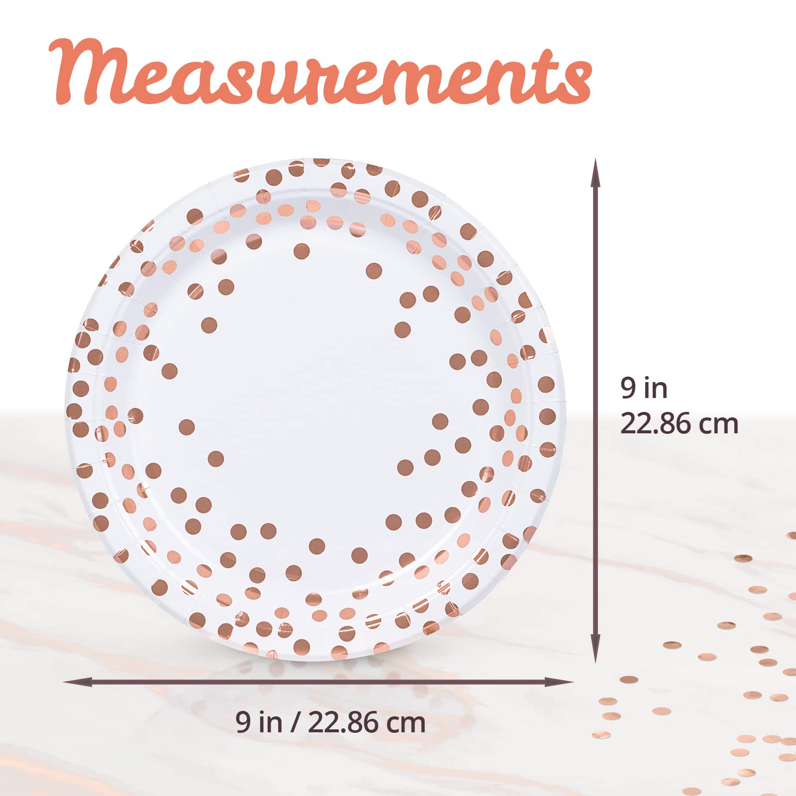 MATICAN 100-Pack Disposable Paper Plates, 9-Inch White & Rose Gold with Foil Polka Dots