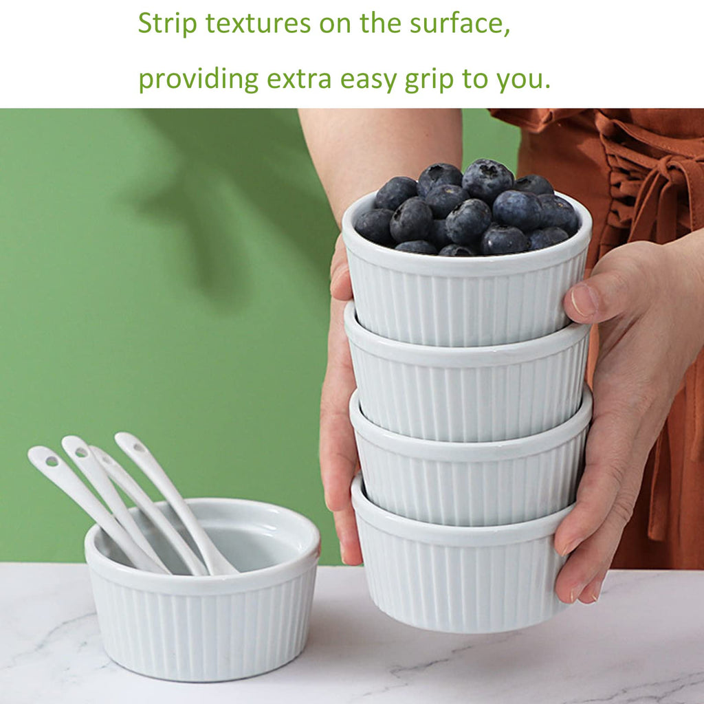 BPFY Set of 6 4 oz White Porcelain Ramekins Bakeware, Ceramic Souffle Dishes, Baking Cups for Custards, Pudding, Creme Brulee, French Onion Soup Bowls