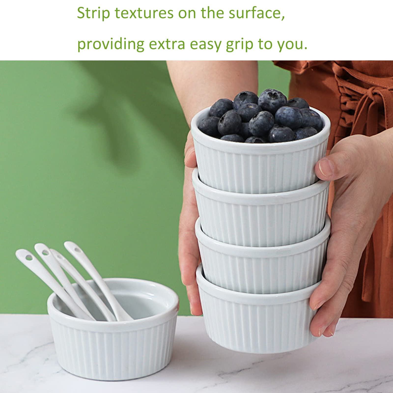 BPFY Set of 6 4 oz White Porcelain Ramekins Bakeware, Ceramic Souffle Dishes, Baking Cups for Custards, Pudding, Creme Brulee, French Onion Soup Bowls