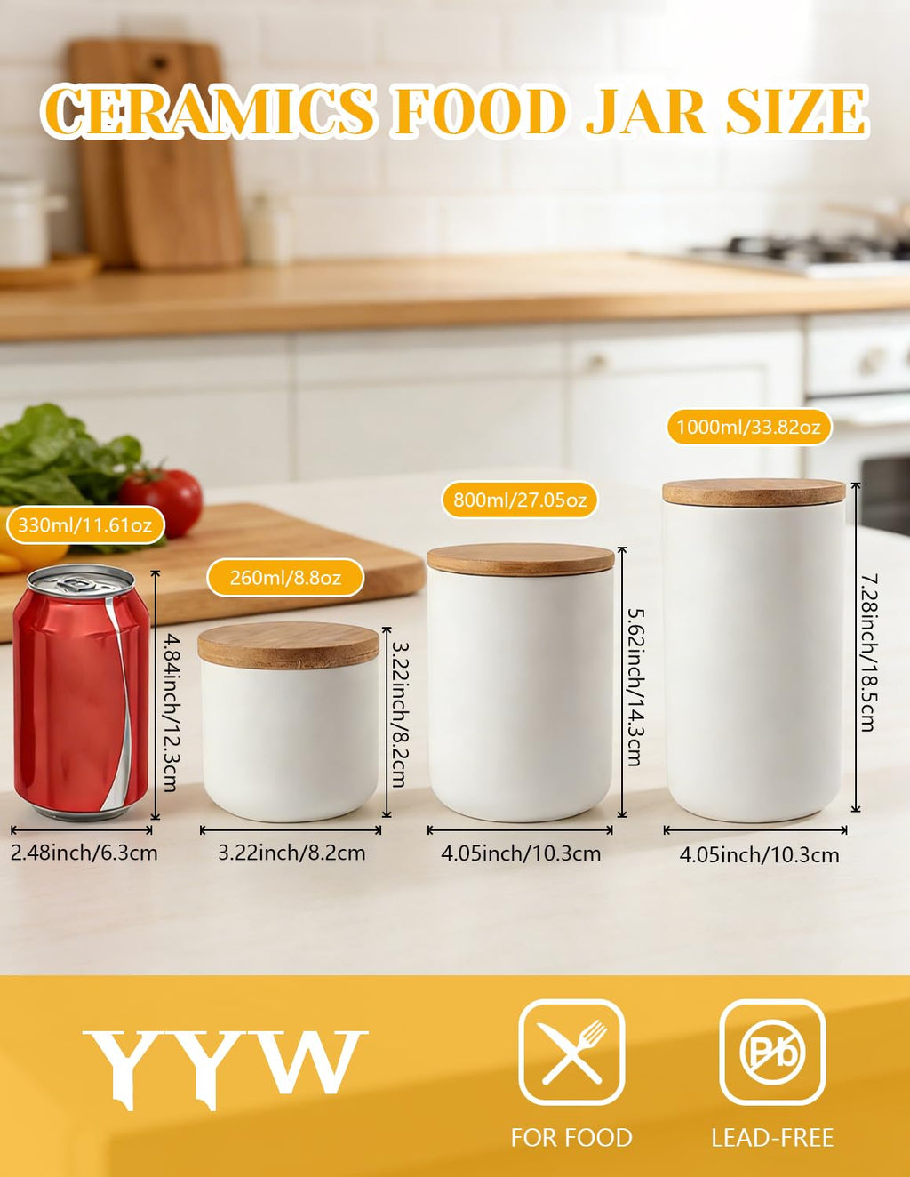 YYW Ceramic Food Storage Jar Containers Kitchen Canisters with Airtight Seal Lid for Coffee Beans Sugar Spices (White, Large)