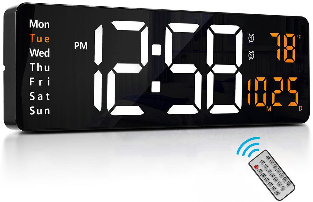 Lantoo 16.2" Large Digital Wall Clock with Remote Control, Dual Alarm, 10-Level Auto Dimmer, LED Clock with Date, Temperature (℃/℉) & Weekday, 12/24H Silent Wall Clock