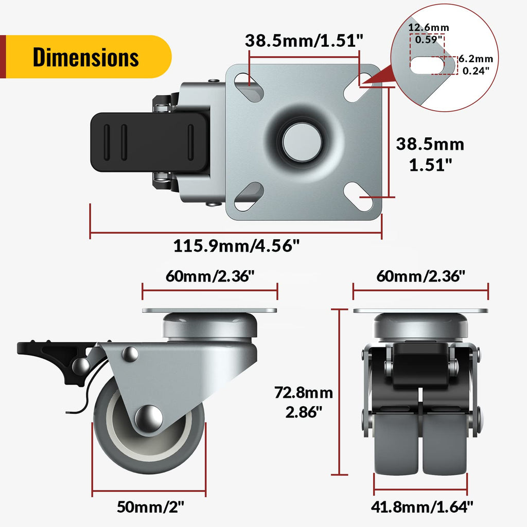 2 inch Caster Wheels Set of 4 - Heavy Duty Casters for Furniture - No Noise TPR Swivel Wheels - with Screws - Total Capacity 880 lbs (2 with Brakes)