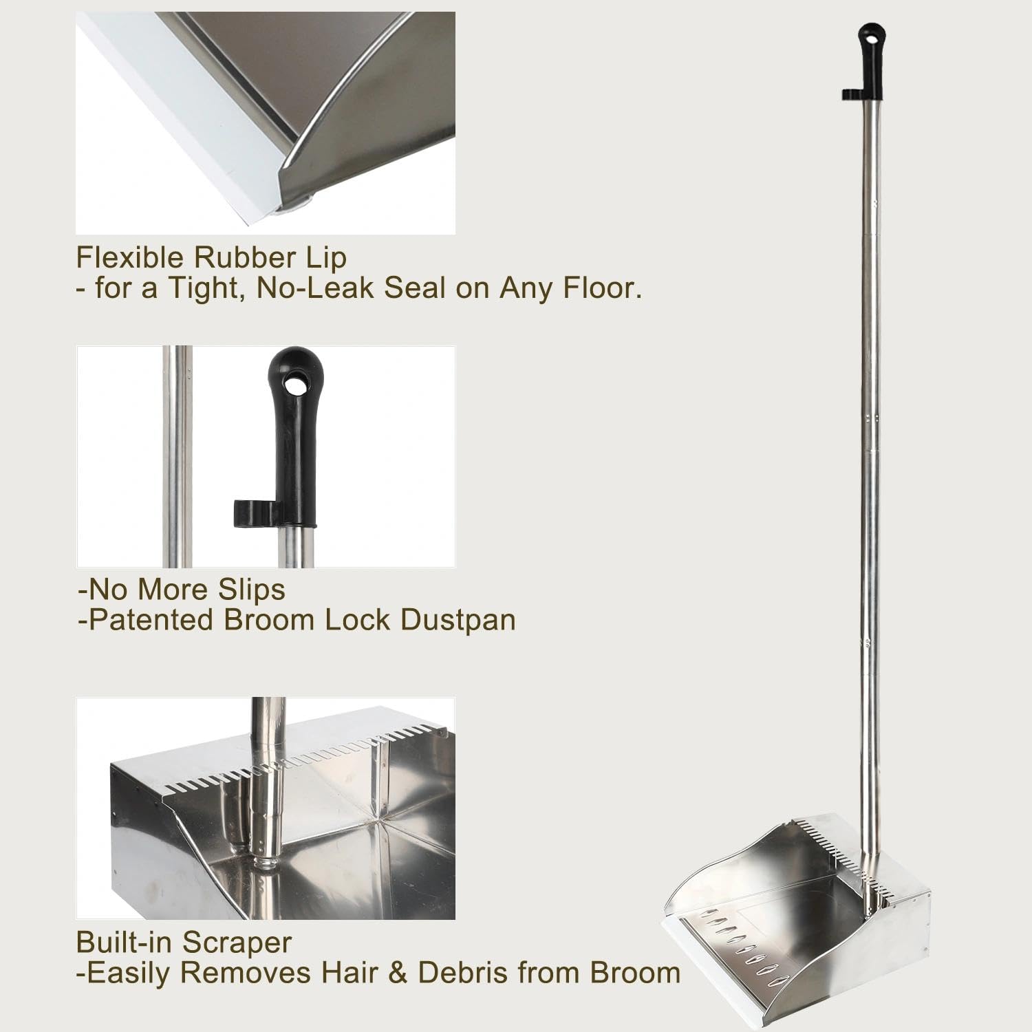Metal Dustpan Long Handle Stainless Steel Dustpan,Heavy Duty Dust Pan with Teeth,Indoor Outdoor Standing Up Dust Pan for Home Kitchen Lobby Room Office