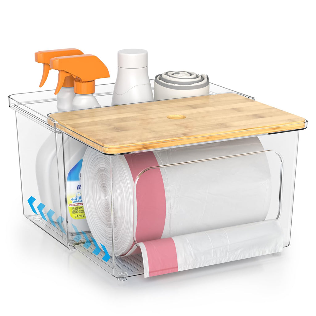 Tangyinus Trash Bag Dispenser Roll Holder - Clear Garbage Bag Holder with Bamboo Lid and Sliding Drawer Box, Kitchen, Under Sink, Laundry Room Organization and Storage