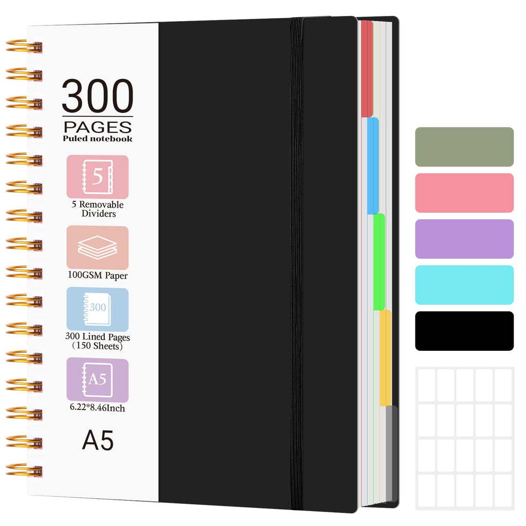 Spiral Notebook, A5 Size 5 Subject Notebooks College Ruled with Tabs and Removable Dividers, 300 Pages 100GSM Thick Spiral Ruled Lined Writing Journal Notebook for Work, School（6.2"x 8.5"）