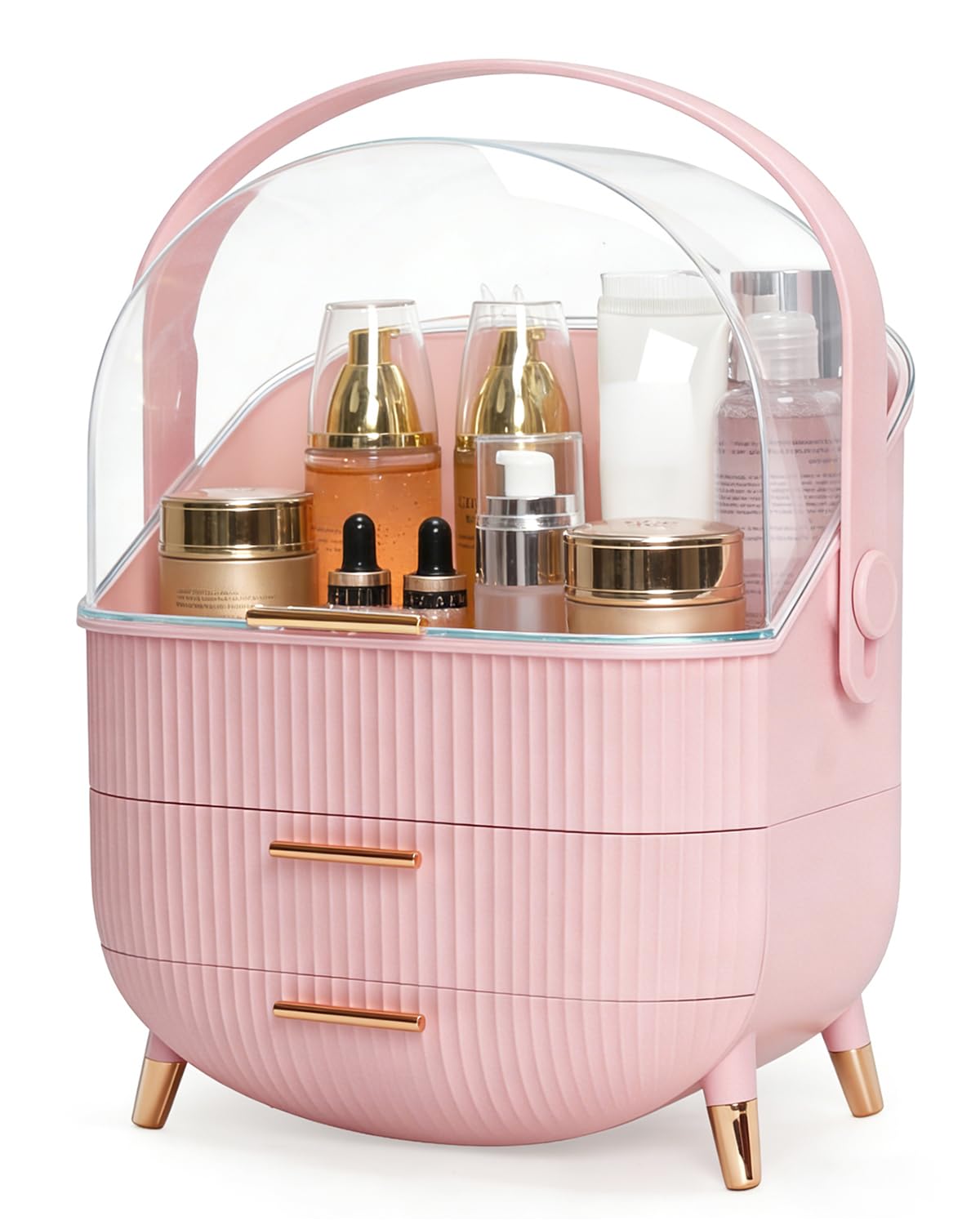 Makeup Skincare Organizer and Storage for Bathroom Vanity Countertop, Portable Travel Cosmetic Display Cases with Lid and Drawers, Gift for Women and Girls -Pink
