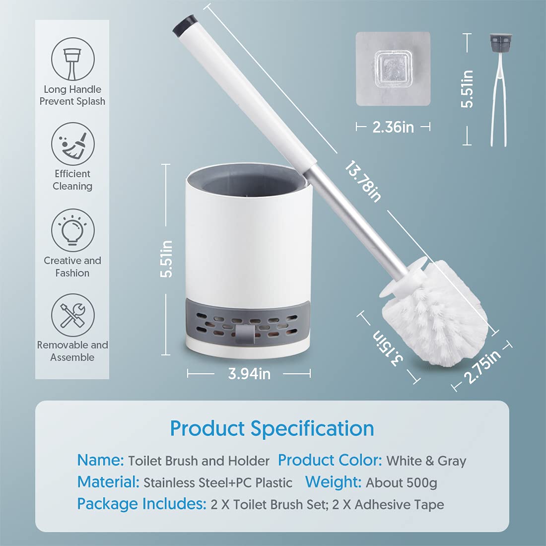 Domi-patrol Toilet Brush and Holder Set 2 Pack, White, Hard Bristle Nylon Toilet Bowl Brushes with Stainless Steel Holder