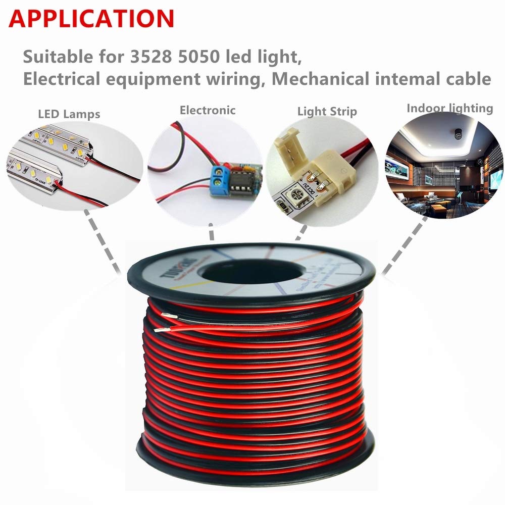 TUOFENG 22awg Electrical Wire 100 ft 22 Gauge Led Wire 2 Pin Extension Cable Wire Red Black Wires 12V/24V DC Cable for Led Strips Single Colour