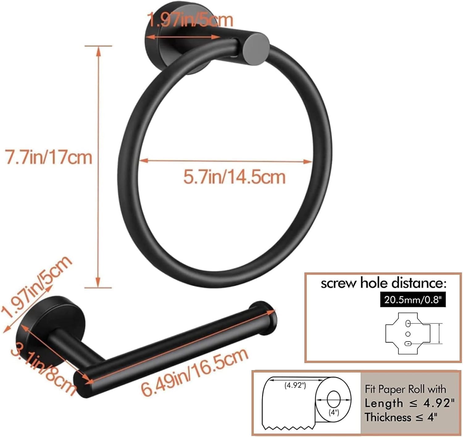 AMMIY Toilet Paper Holder Hand Towel Ring, Stainless Steel Tissue Paper Roll Holder Dispenser Wall Mount Bathroom Hardware Accessories 2 Pieces Set, Matte Black