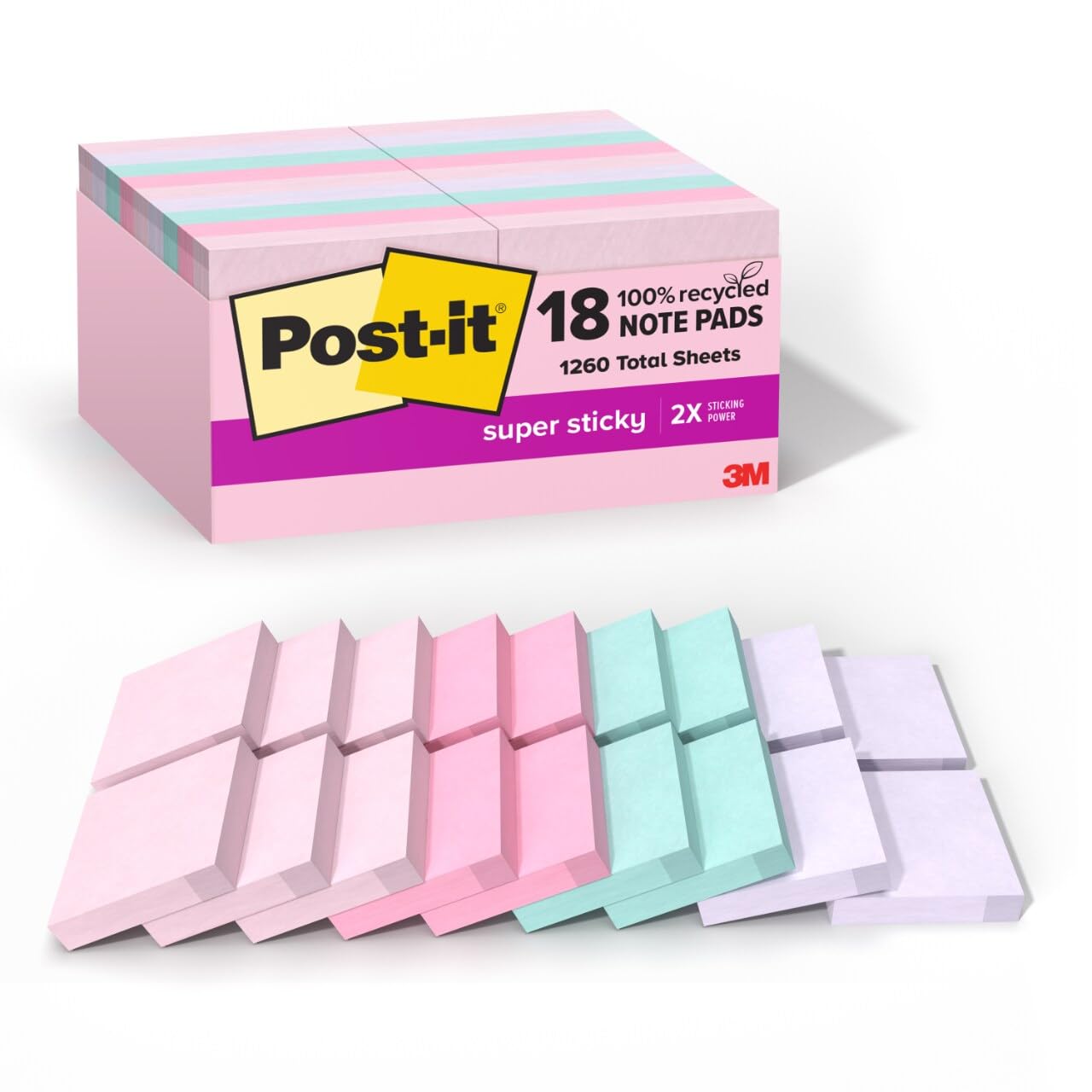 Post-it 100% Recycled Paper Super Sticky Notes, 18 Sticky Note Pads, 1 7/8 in. x 1 7/8 in., Wanderlust Pastels Collection, New Year Organization or Second Semester School Supplies