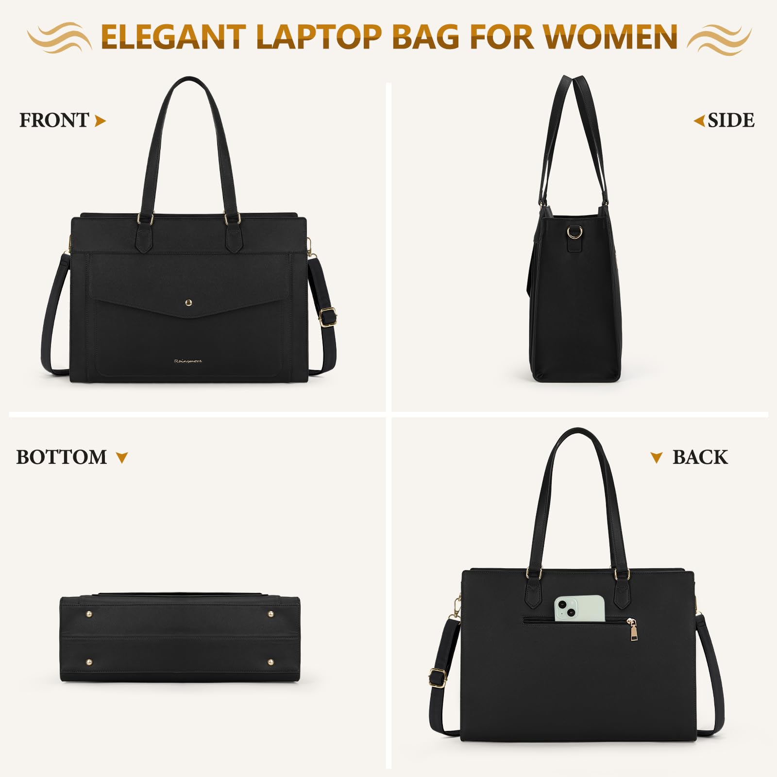 RAINSMORE Laptop Bags For Women 15.6Inch Leather Work Tote Bags Laptop Tote Waterproof Laptop Purse Business Office Computer Bag Professional Womens Briefcase Large Handbag for Travel College, Black
