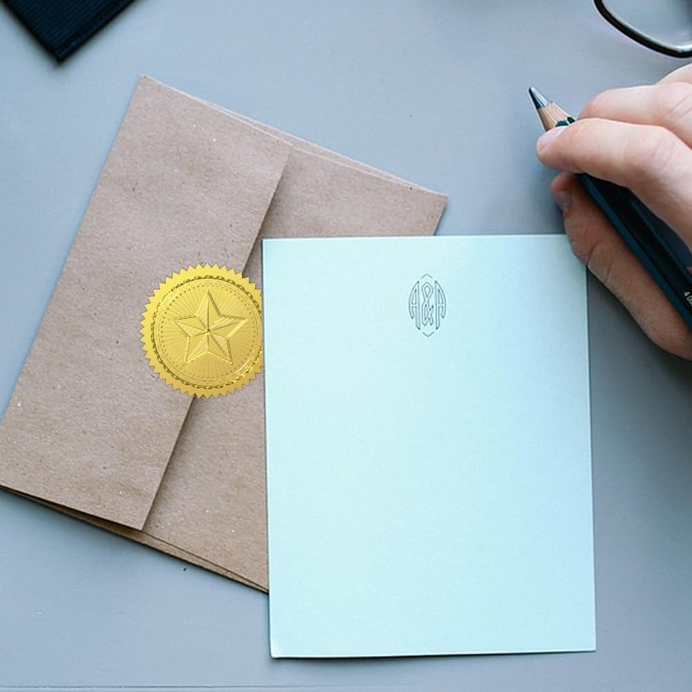 Peacoblue Gold Foil Stickers Seals Official Embossed Star 2 Inch 100Pcs, Self Adhesive Gold Around Embossing Medal Stickers for Certificate Paper, Envelope Seals, Awards and Achievements