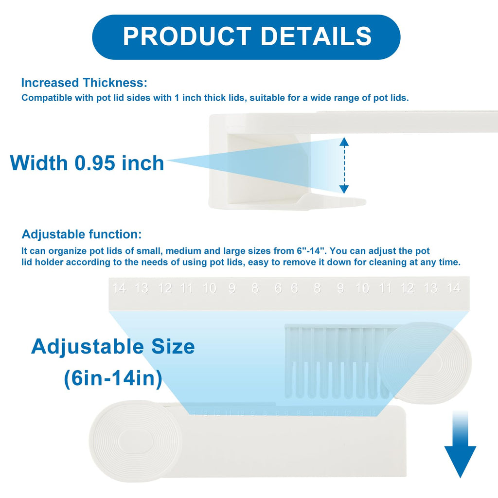 YONGJIA New Upgrade 4 Pack Adjustable Pot Lid Holder, Lid Organizer Fits 6" to 14" Lids, with Screw Hole Position and Sticky Wall Mounted Lid Storage Kitchen Cabinets, Cabinet Doors (WHITE)
