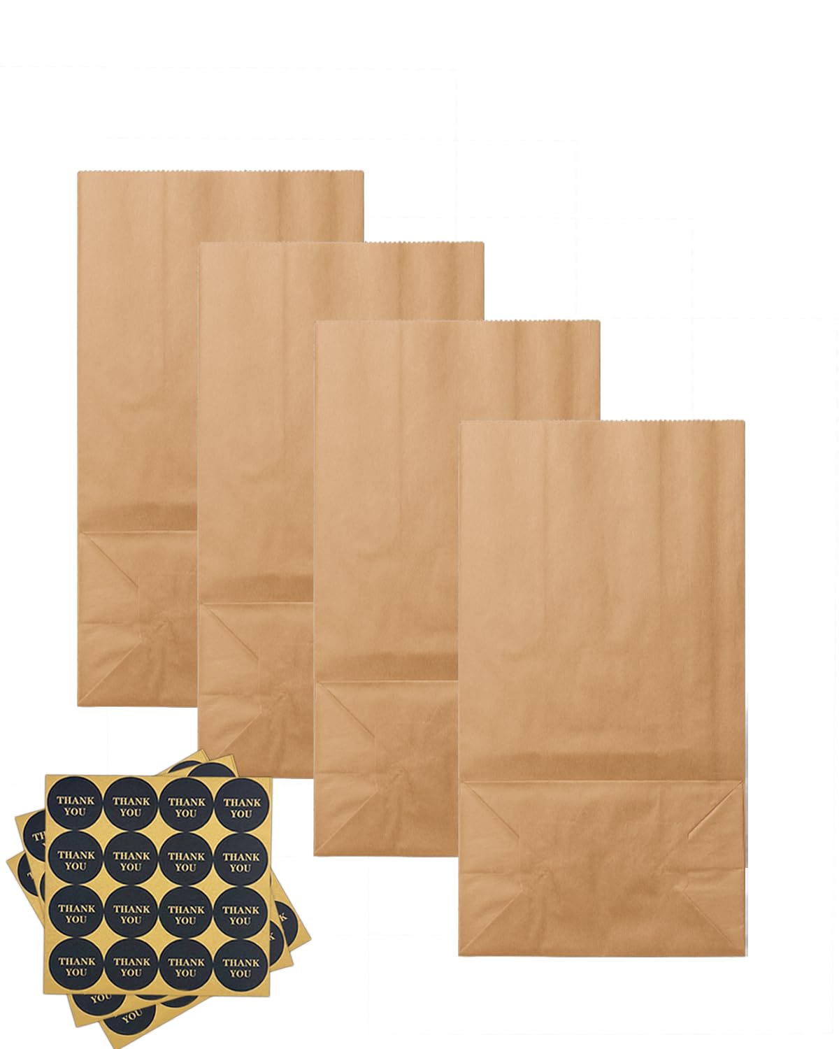 qiqee 100 Pcs Brown Treat Paper Bags with 100 Stickers 5.1"x3.1"x9.4" Kraft Small Party Gift Bag without Handle