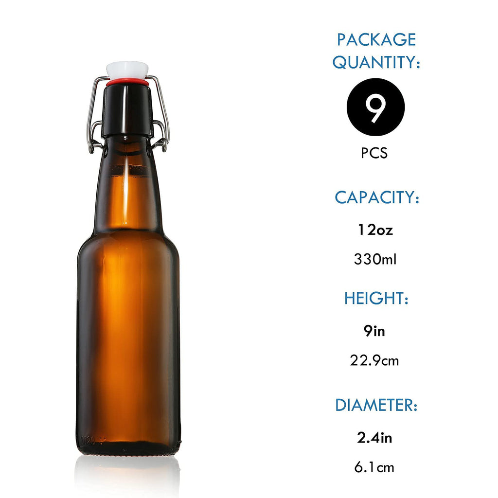 YEBODA 12 oz Amber Glass Beer Bottles for Home Brewing with Flip Caps, Case of 9